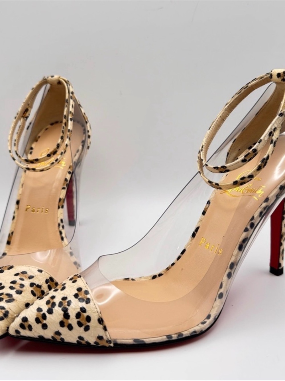 Christian Louboutin Un Bout 100 Watersnake Leopard Cream Heels 36.5